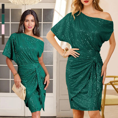 💜 Women's One Shoulder Sequin Sparkling Party Club Dress