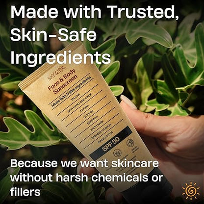 Sky and Sol Mineral Sunscreen SPF 50 | With Grass-Fed Tallow & Zinc Oxide | Non-Greasy Formula for Face & Body | Made Without Reef-Harming UV Filters