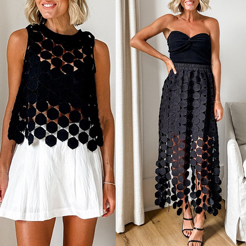 Casie See Through Circle Embroidery Elastic Waist Tassle Hem Maxi Skirt