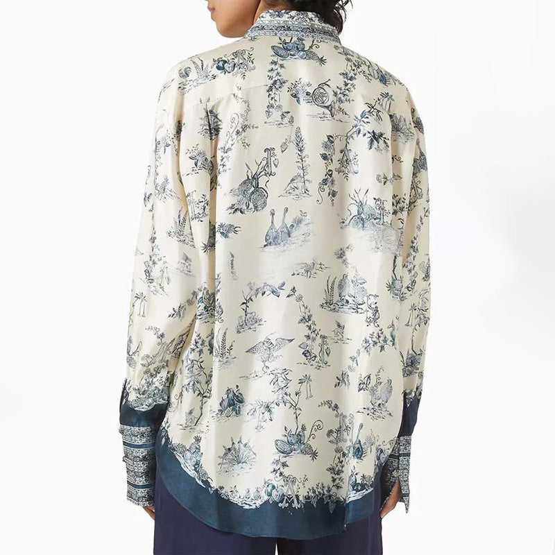 Bohemian Elegant Satin Contrast Color Unique Print Button Up Pocket Loose Blouse